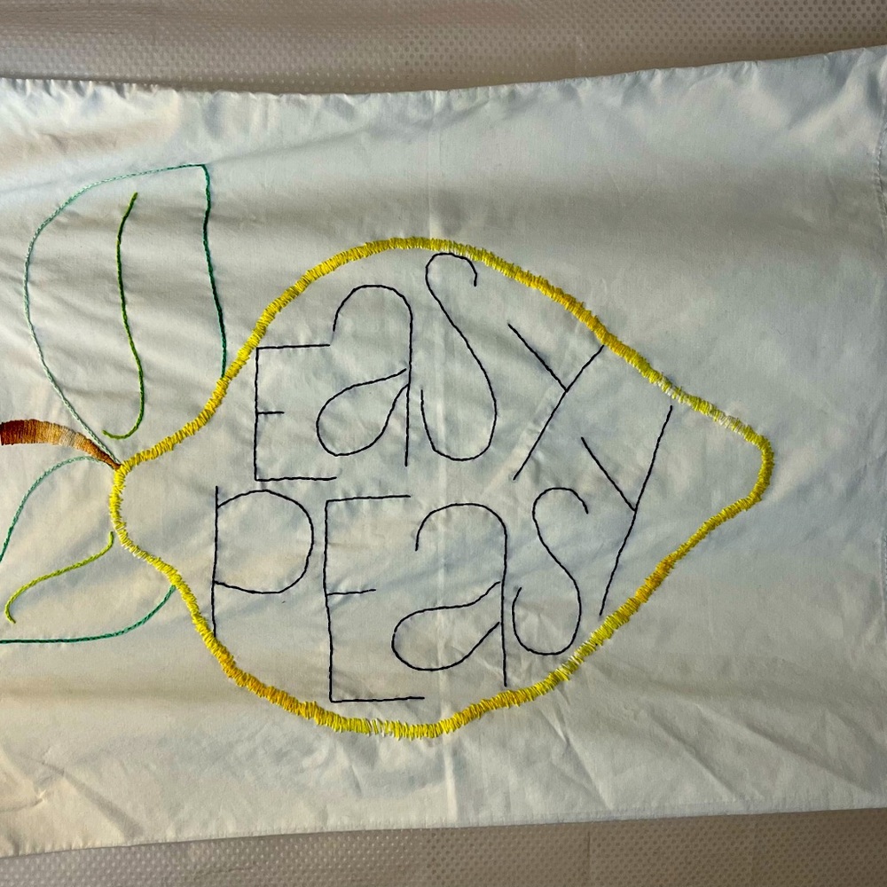 Hand Embroidered Stitched Pillow Case Lemon Easy Peasy Standard Size Linens